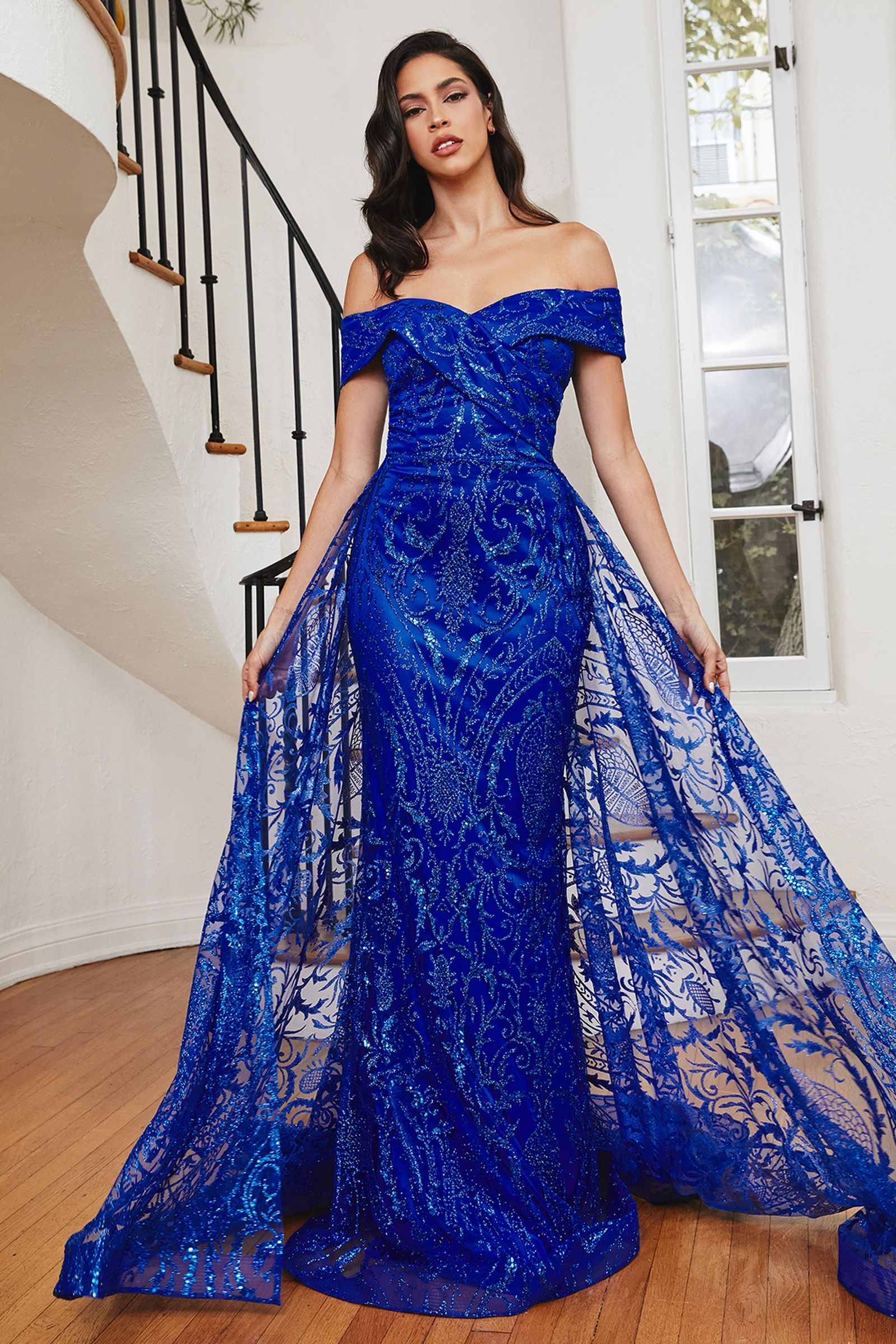 Royal Blue Off Shoulder Glitter Evening Gown with Sheer Overlay CDJ836-0